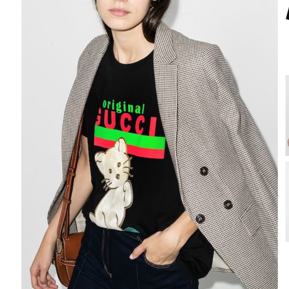 Gucci Black Tee with Playful Cat and Logo
